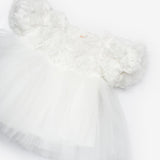 Beyaz  Gül Detaylı Kız Bebek Elbise - Elina