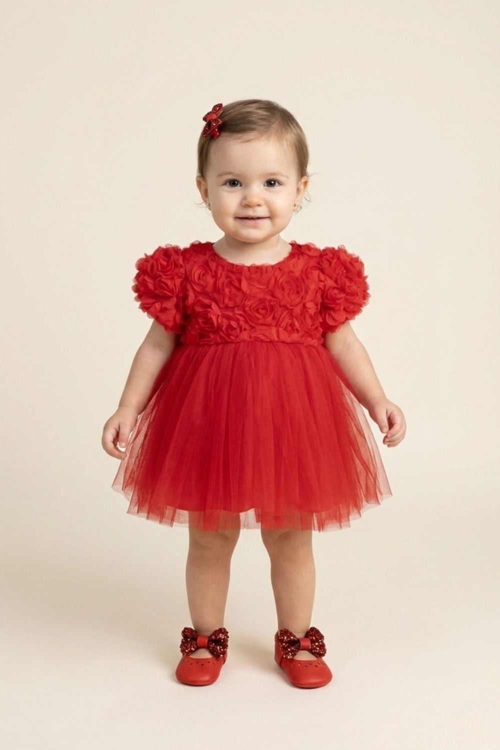 Kırmızı  Gül Detaylı Kız Bebek Elbise - Elina