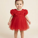 Kırmızı  Gül Detaylı Kız Bebek Elbise - Elina