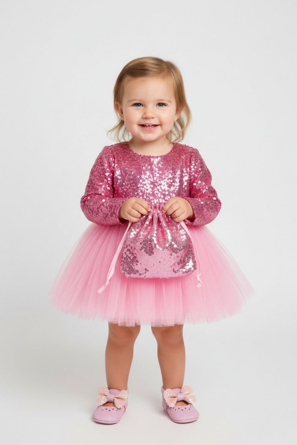 Fuşya  Pullu Uzun Kollu Kız Bebek Elbise - Berry