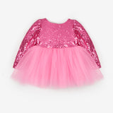 Fuşya  Pullu Uzun Kollu Kız Bebek Elbise - Berry