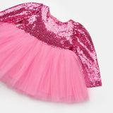 Fuşya  Pullu Uzun Kollu Kız Bebek Elbise - Berry