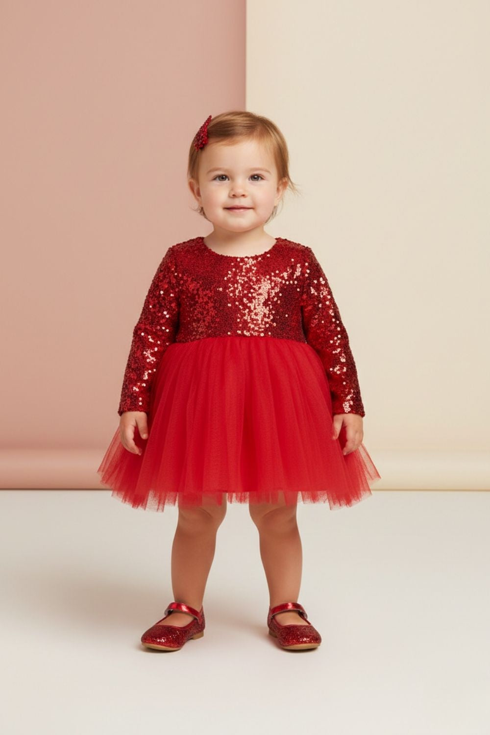 Kırmızı  Pullu Uzun Kollu Kız Bebek Elbise - Berry