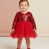 Kırmızı  Pullu Uzun Kollu Kız Bebek Elbise - Berry