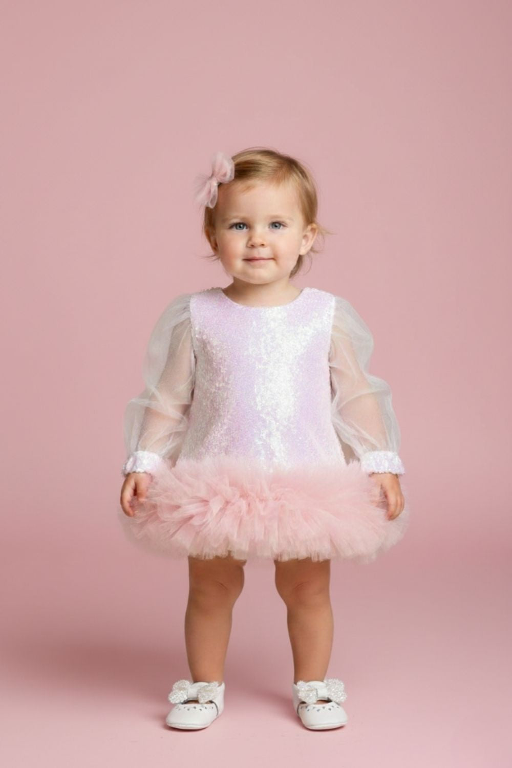 Beyaz  Etek Ucu Fırfır Detaylı Kız Bebek Elbise - Violet