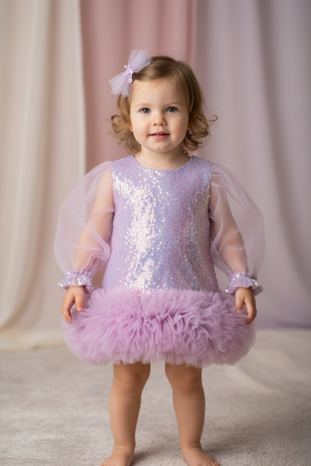 Lila  Etek Ucu Fırfır Detaylı Kız Bebek Elbise - Violet