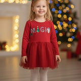 Kırmızı  Yılbaşı Temalı Magic Mottolu Kız Çocuk Elbise - Claire