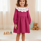 Fuşya  Kalp Desenli Yakalı Kız Çocuk Keten Elbise - Vivienne