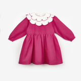 Fuchsia Heart Patterned Collared Girl's Linen Dress - Vivienne