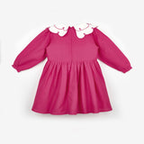 Fuşya  Kalp Desenli Yakalı Kız Çocuk Keten Elbise - Vivienne