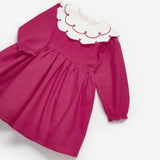 Fuşya  Kalp Desenli Yakalı Kız Çocuk Keten Elbise - Vivienne