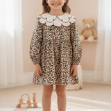 Kahverengi  Kalp Desenli Yakalı Kız Çocuk Keten Elbise - Vivienne