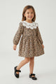 Kahverengi  Kalp Desenli Yakalı Kız Çocuk Keten Elbise - Vivienne