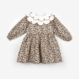 Kahverengi  Kalp Desenli Yakalı Kız Çocuk Keten Elbise - Vivienne