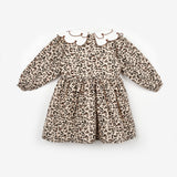 Kahverengi  Kalp Desenli Yakalı Kız Çocuk Keten Elbise - Vivienne