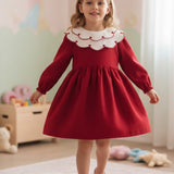 Kırmızı Kalp Desenli Yakalı Kız Çocuk Keten Elbise - Vivienne