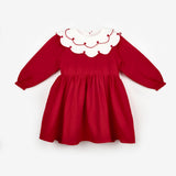 Kırmızı  Kalp Desenli Yakalı Kız Çocuk Keten Elbise - Vivienne