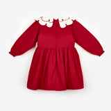 Kırmızı  Kalp Desenli Yakalı Kız Çocuk Keten Elbise - Vivienne