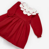 Kırmızı  Kalp Desenli Yakalı Kız Çocuk Keten Elbise - Vivienne