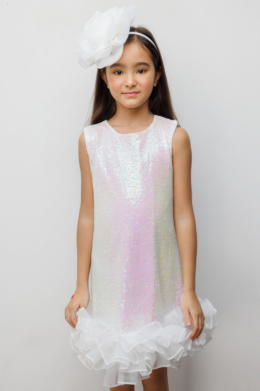 Beyaz  Pullu Etek Ucu Fırfırlı Kız Çocuk Elbise - Kinsey