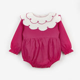 Fuşya  Kalp Desen Yakalı Kız Bebek Keten Tulum - Fabiana