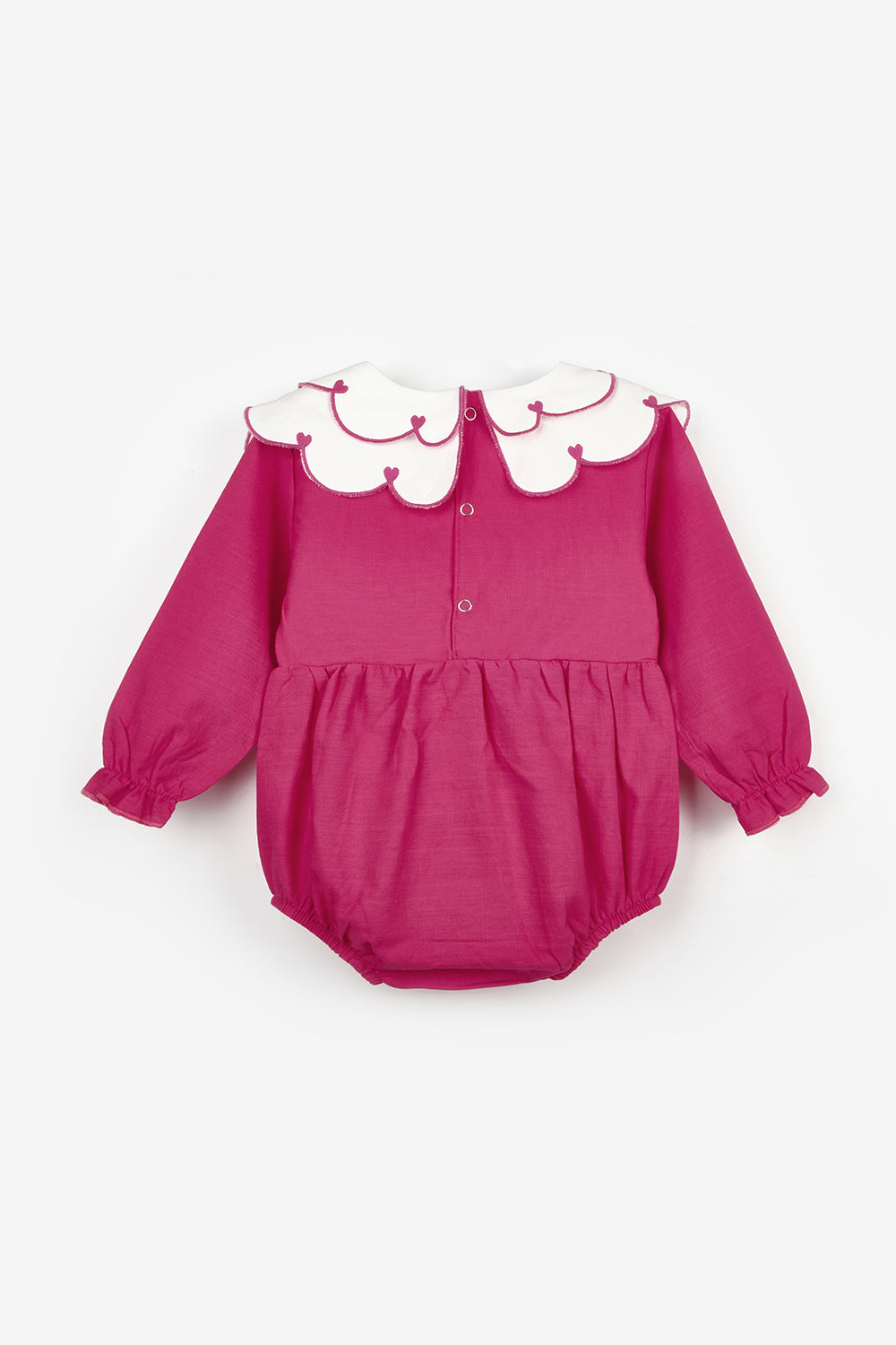 Fuşya  Kalp Desen Yakalı Kız Bebek Keten Tulum - Fabiana