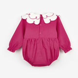 Fuşya  Kalp Desen Yakalı Kız Bebek Keten Tulum - Fabiana