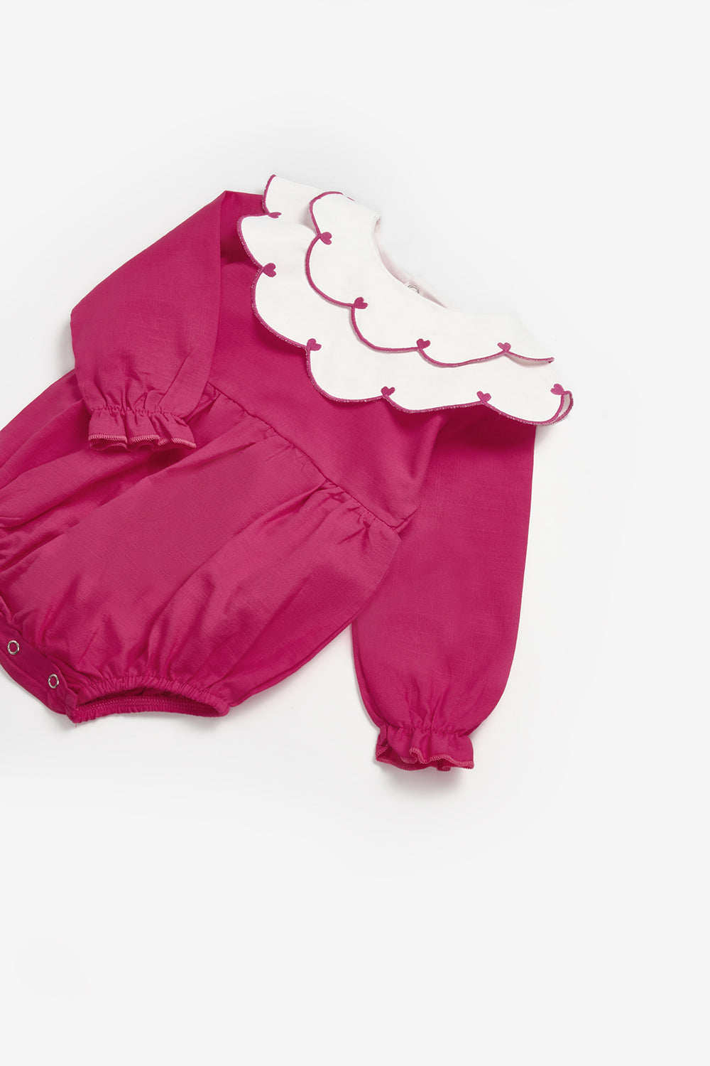 Fuşya  Kalp Desen Yakalı Kız Bebek Keten Tulum - Fabiana