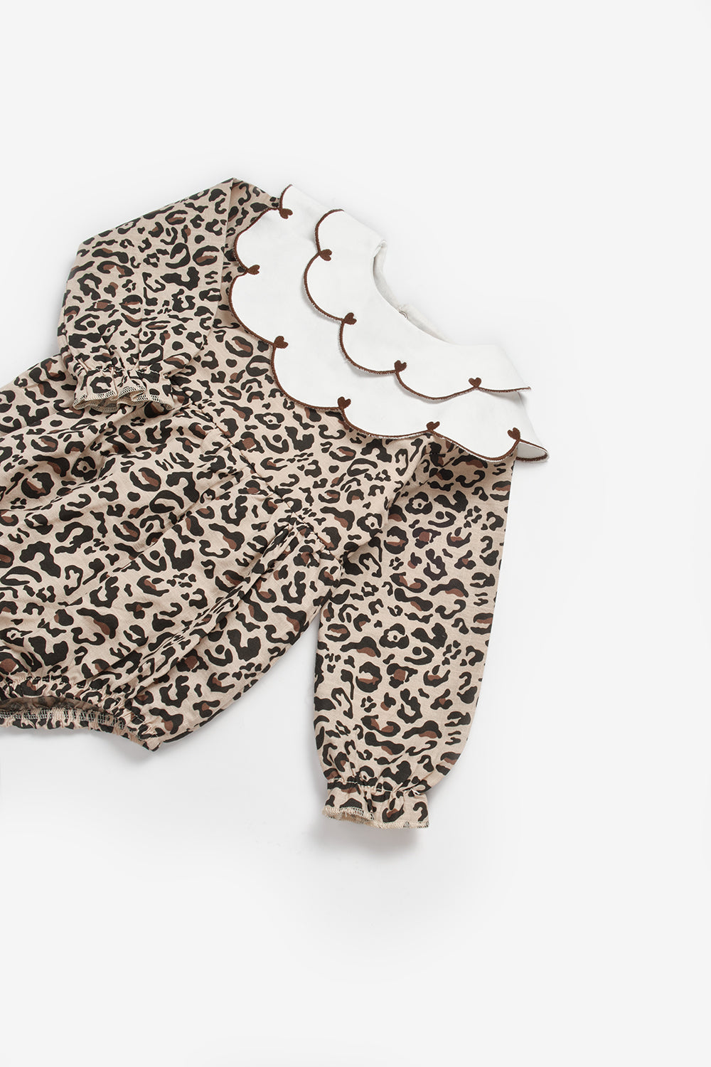 Kahverengi  Kalp Desen Yakalı Kız Bebek Keten Tulum - Fabiana