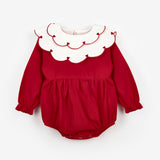 Kırmızı  Kalp Desen Yakalı Kız Bebek Keten Tulum - Fabiana