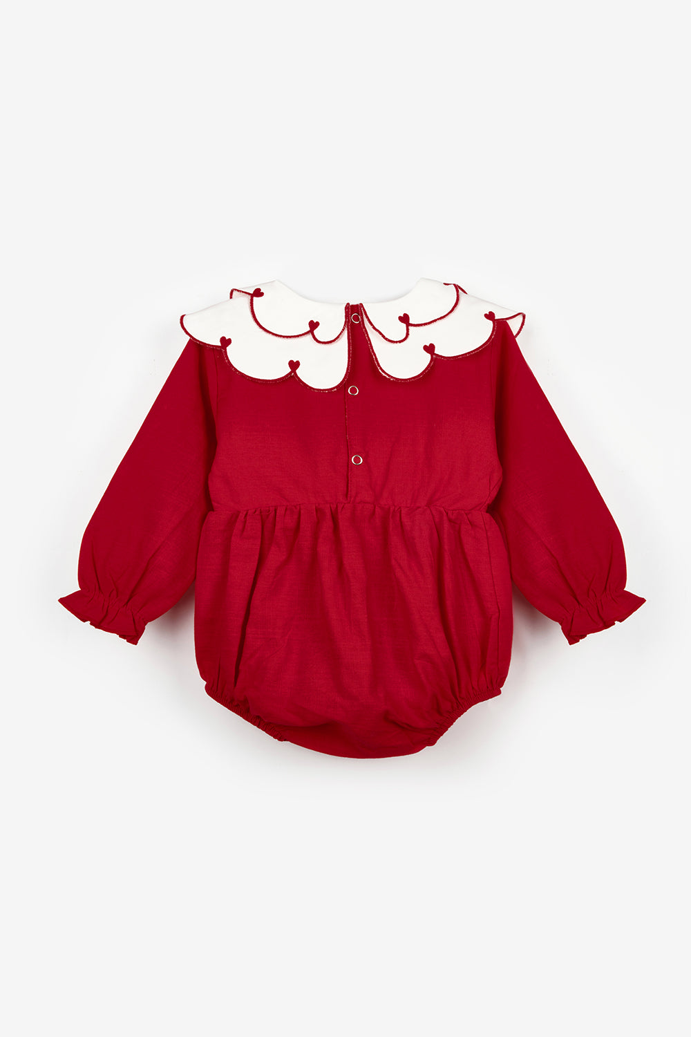 Kırmızı  Kalp Desen Yakalı Kız Bebek Keten Tulum - Fabiana