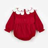 Kırmızı  Kalp Desen Yakalı Kız Bebek Keten Tulum - Fabiana