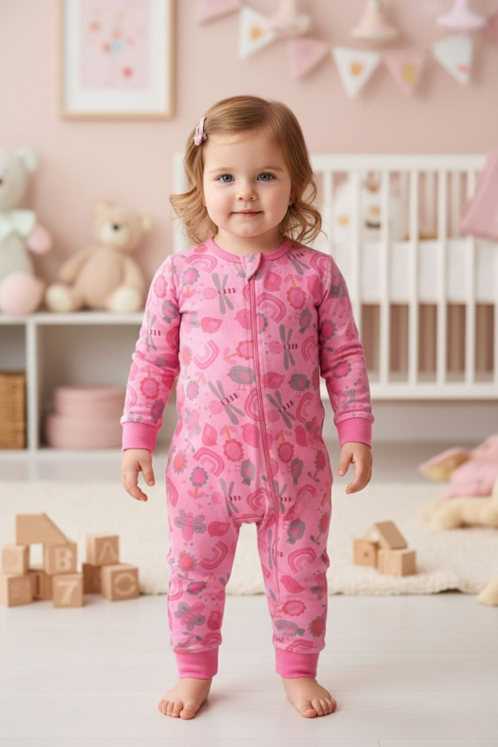 Fuşya  Çiçek Desenli Fermuarlı Kız Bebek Tulum - Clara