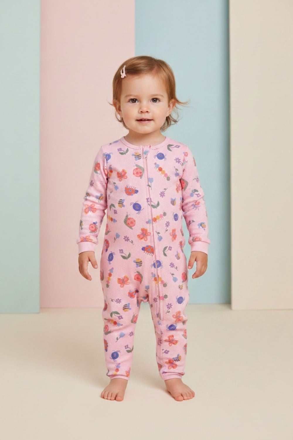 Pembe  Çiçek Desenli Fermuarlı Kız Bebek Tulum - Clara