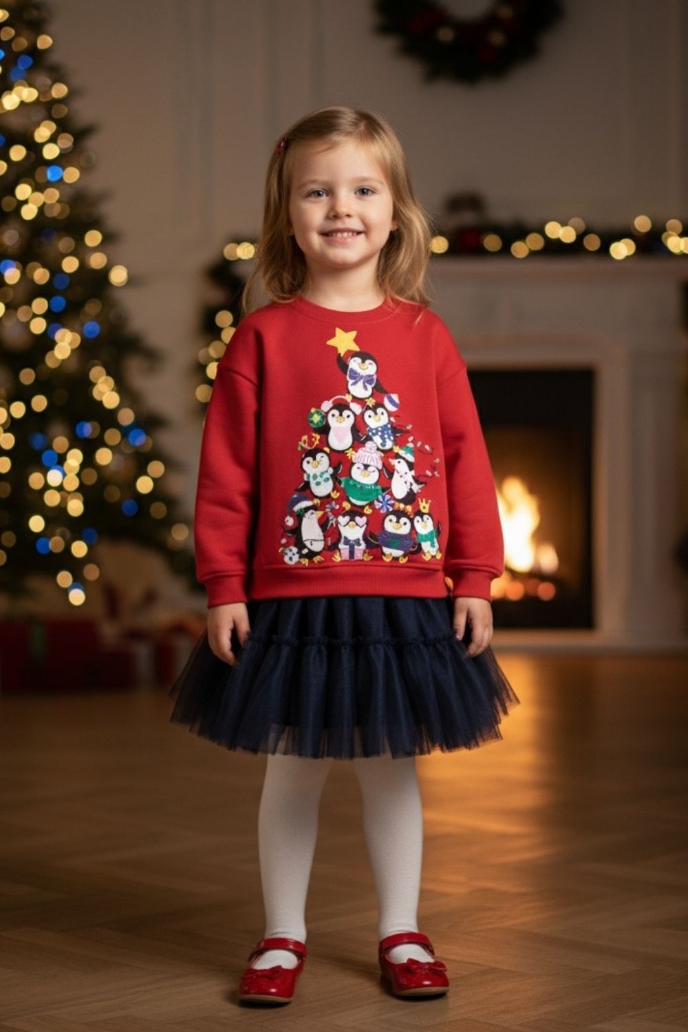 Kırmızı  Sevimli Penguen Baskılı Kız Çocuk Yılbaşı İkili Takım - Orchid