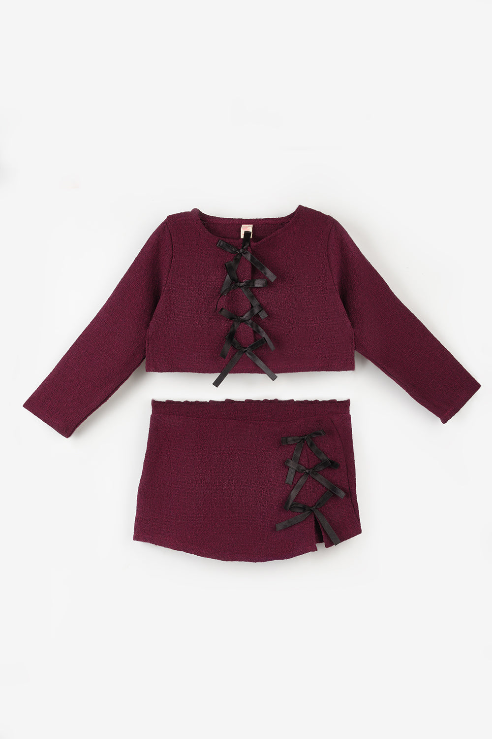 Bordo  Fiyonk Detaylı Kız Çocuk Etek Ceket Takım - Silvana