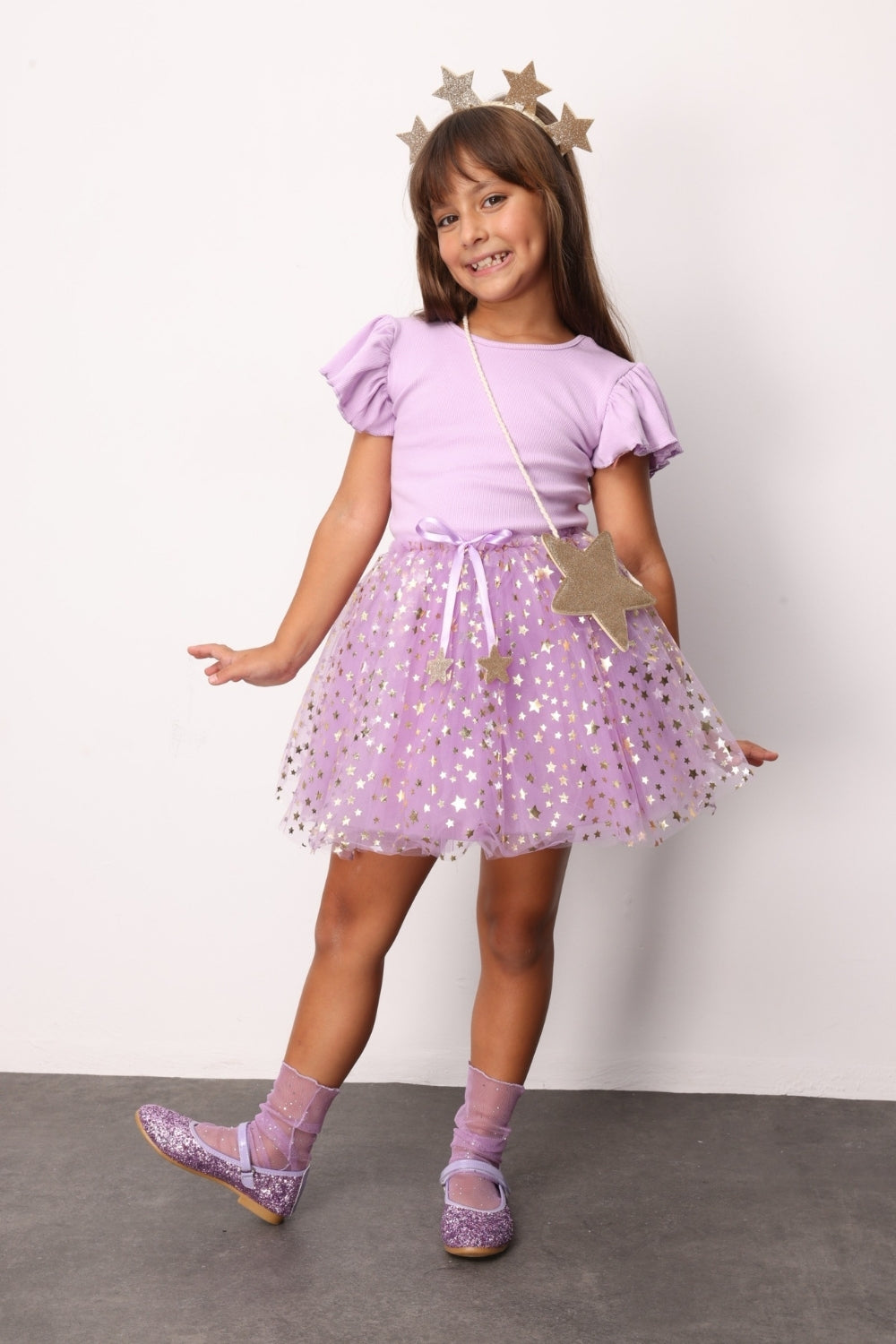 Lila Yıldızlı Fiyonk Detaylı Kız Çocuk Tül Etek - Aster