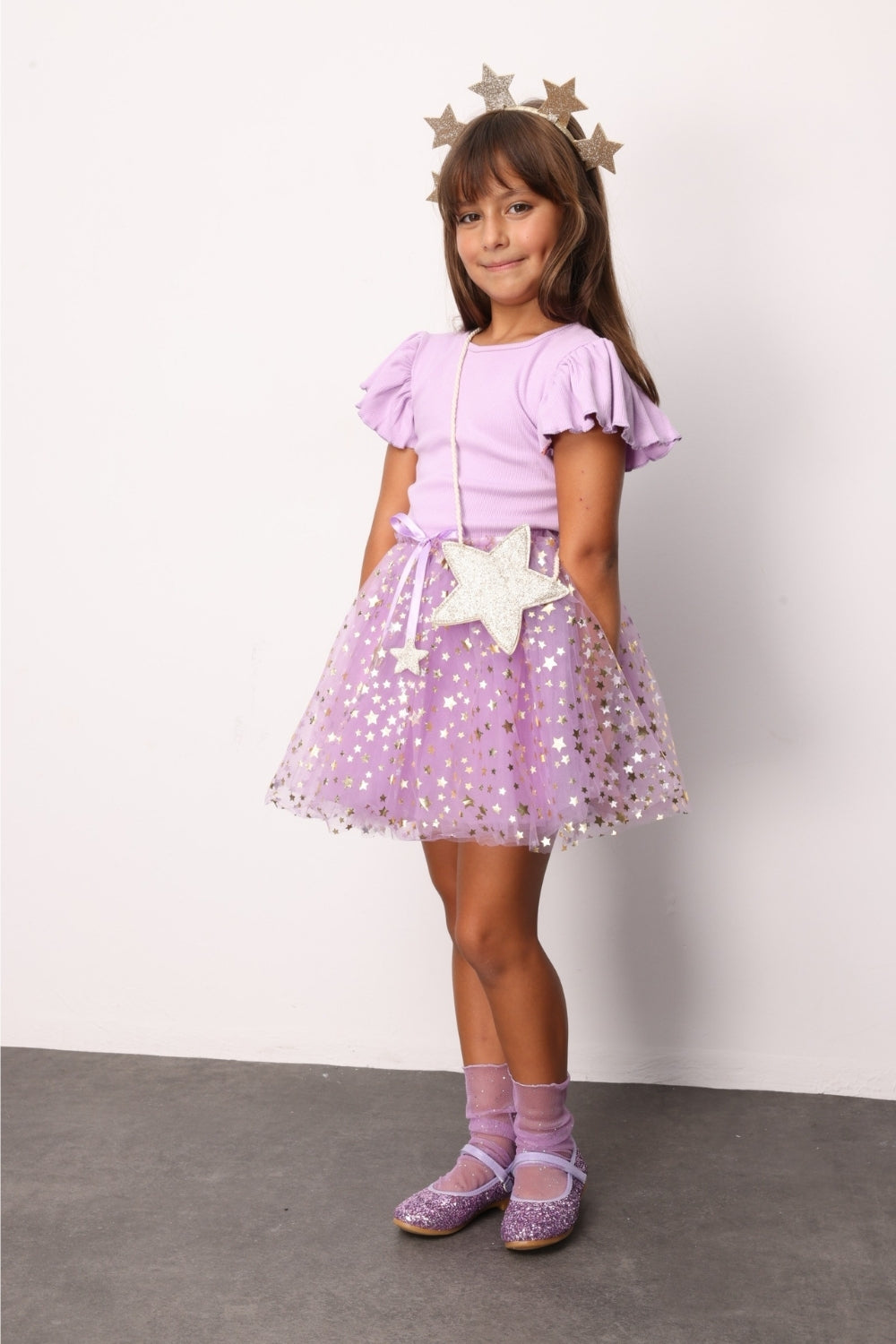 Lila Yıldızlı Fiyonk Detaylı Kız Çocuk Tül Etek - Aster