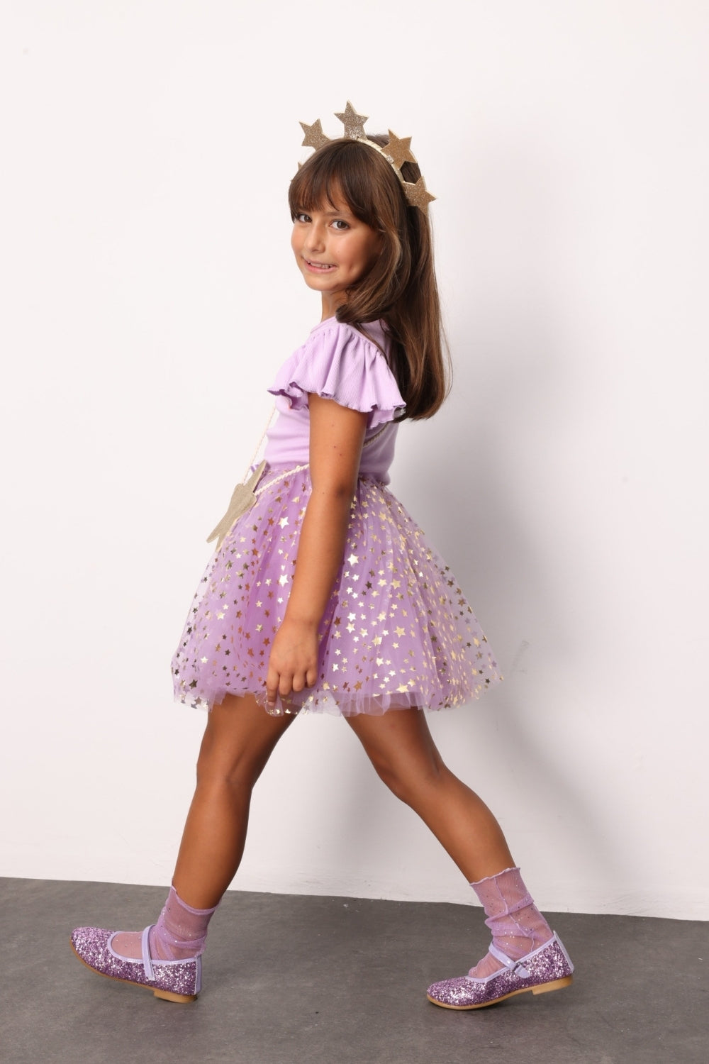 Lila Yıldızlı Fiyonk Detaylı Kız Çocuk Tül Etek - Aster