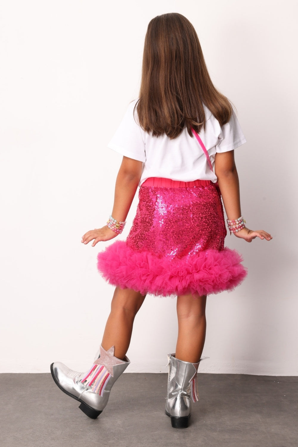 Fuşya Pullu Ucu Tül Detaylı Kız Çocuk Etek - Sheron