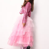 Pembe  Katlı Tüllü Kız Çocuk Uzun Etek - Azalea