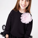 Siyah Gül Aksesuarlı Kız Çocuk Sweatshirt - Elisa