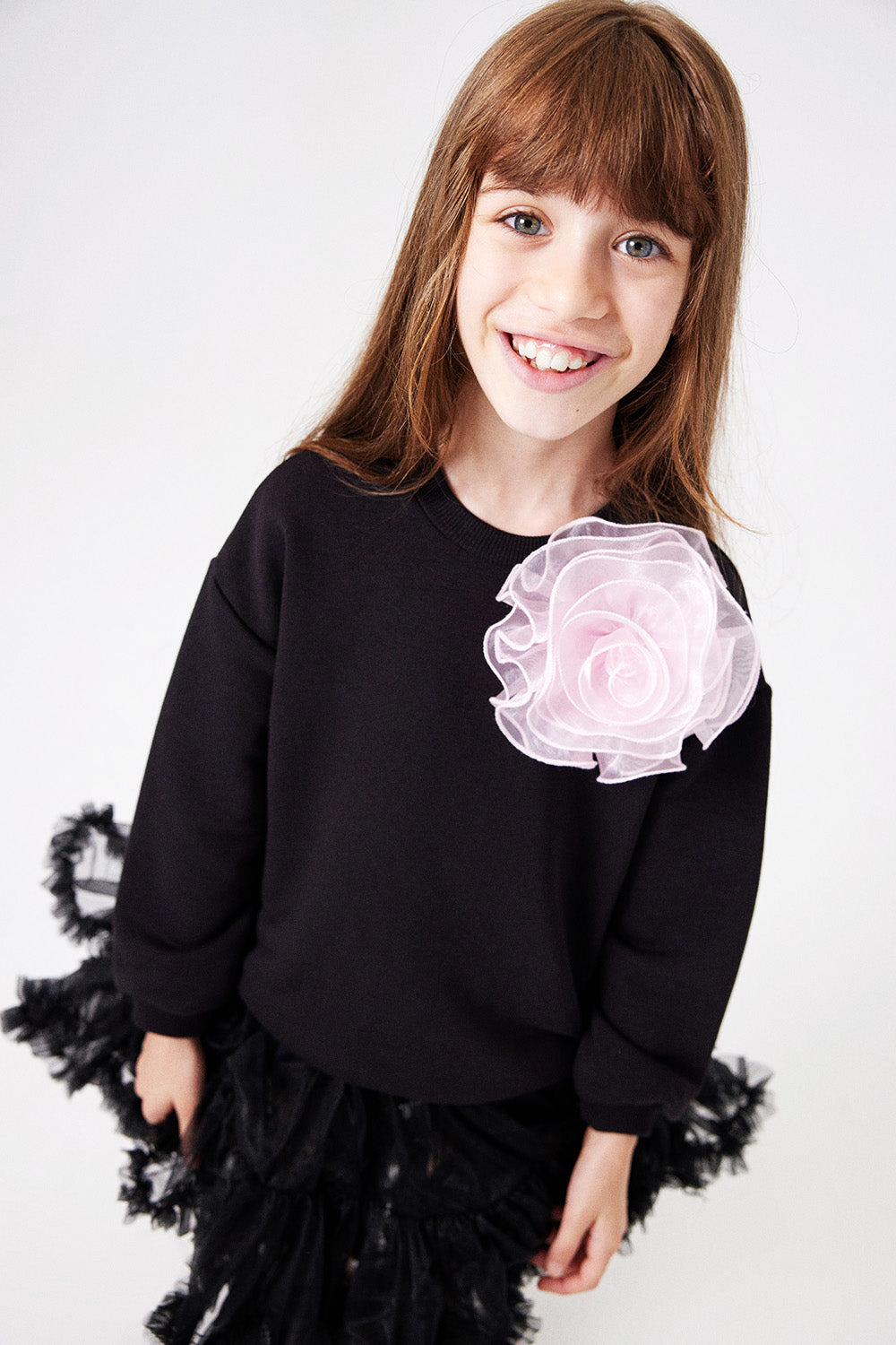 Siyah  Gül Aksesuarlı Kız Çocuk Sweatshirt - Elisa