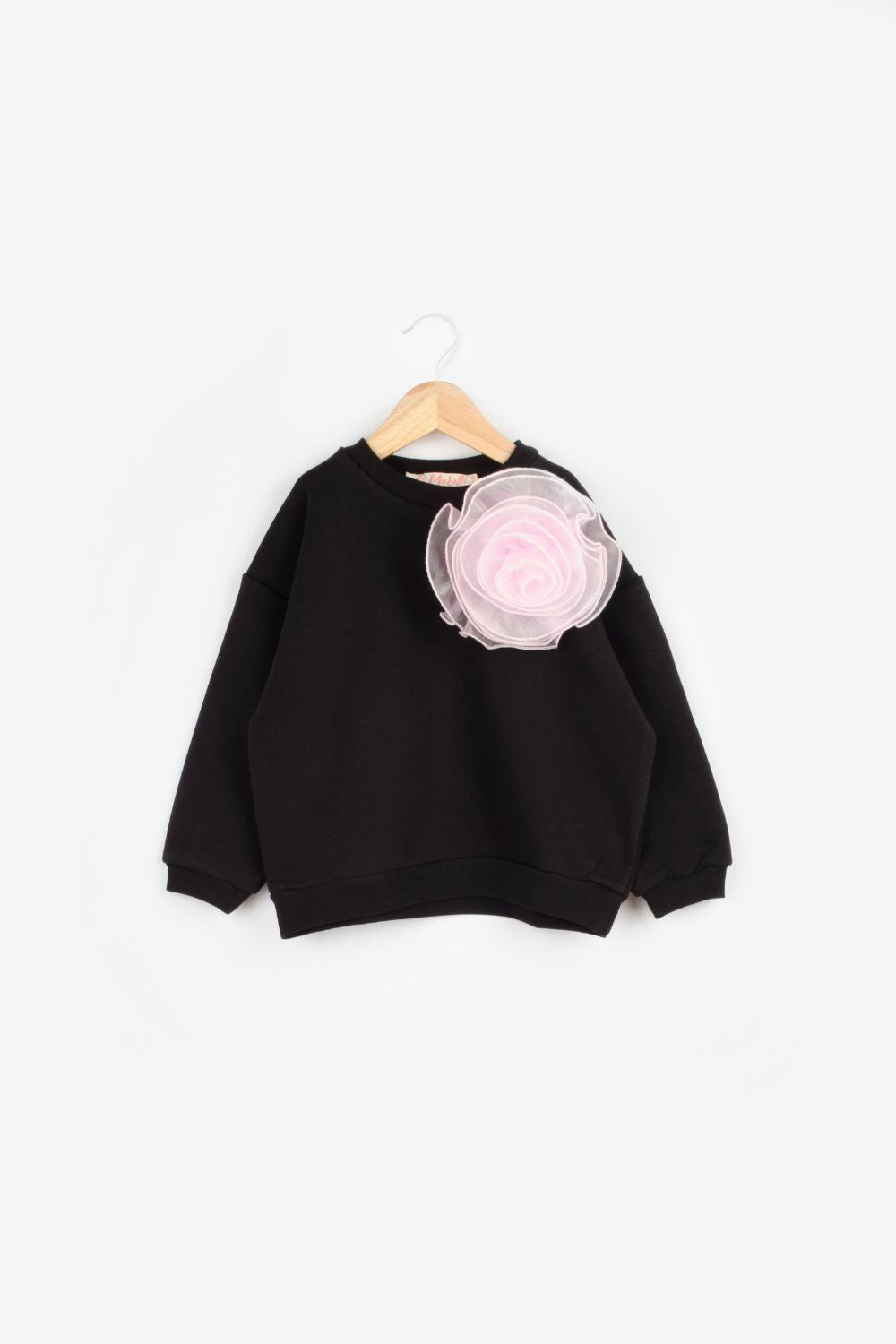 Siyah  Gül Aksesuarlı Kız Çocuk Sweatshirt - Elisa