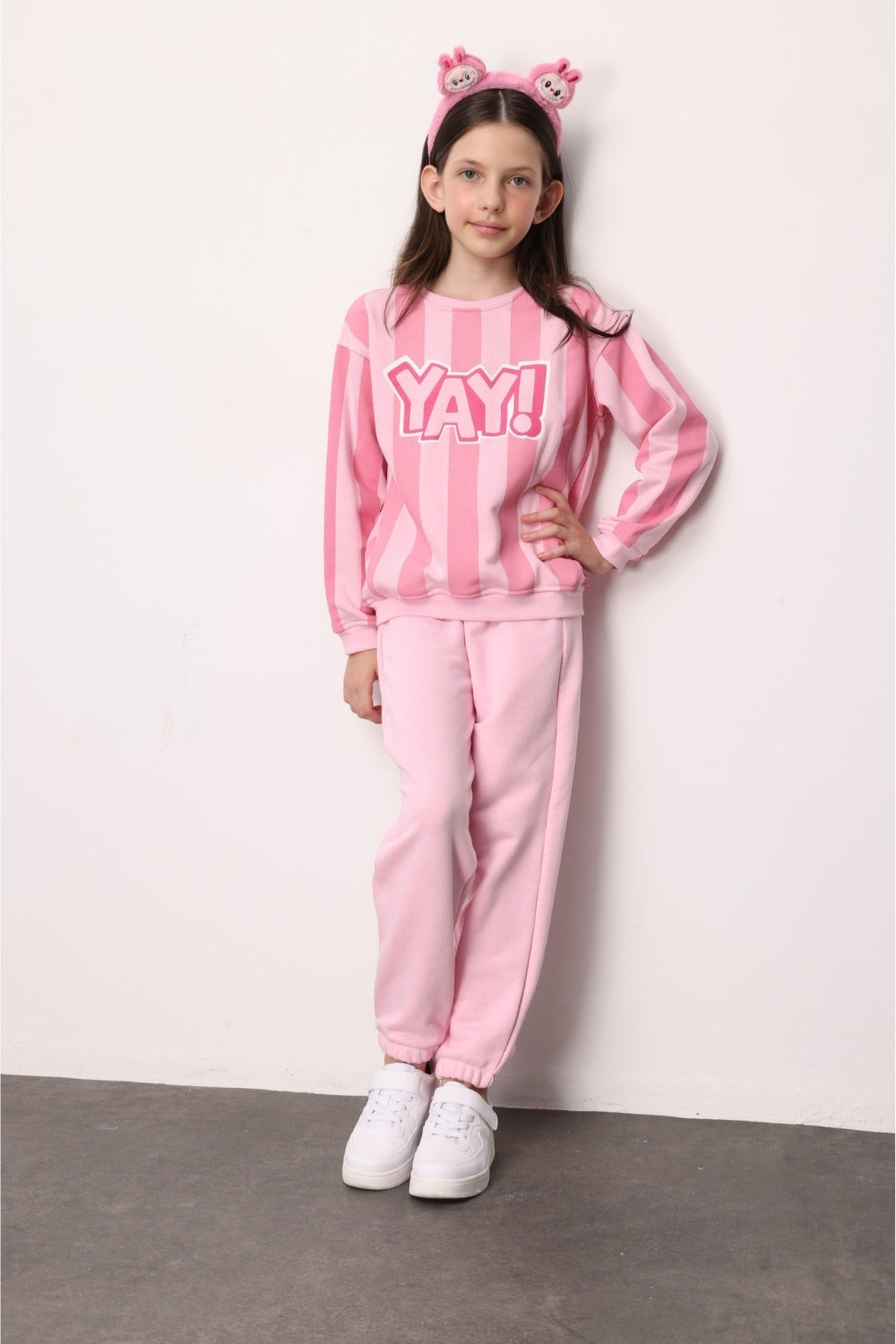 Pembe Yay Baskılı Çizgili Kız Çocuk Eşofman Takımı - Phoebe