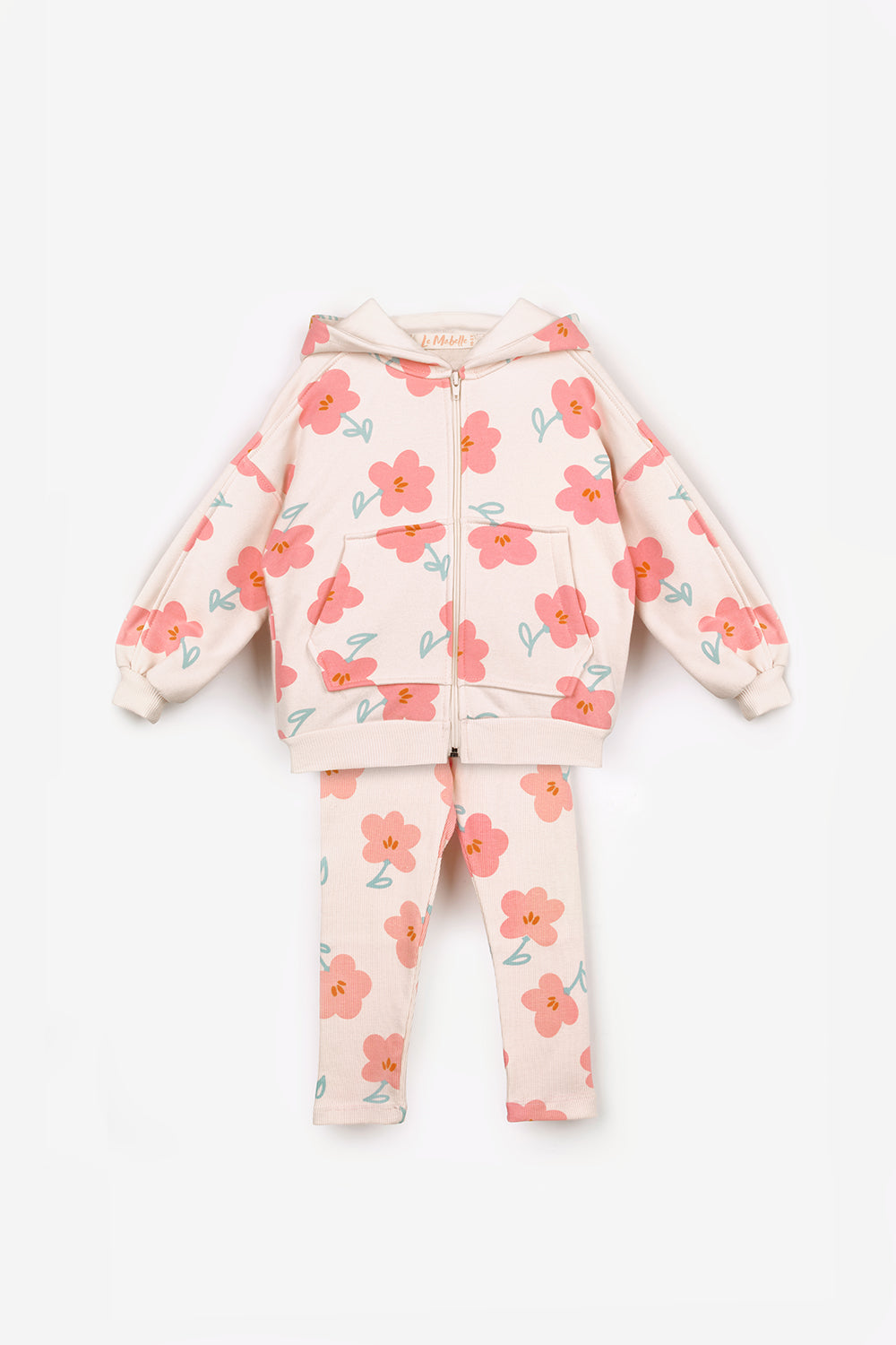 Pudra  Desenli Kapüşonlu Kız Çocuk Eşofman Takımı - Nell