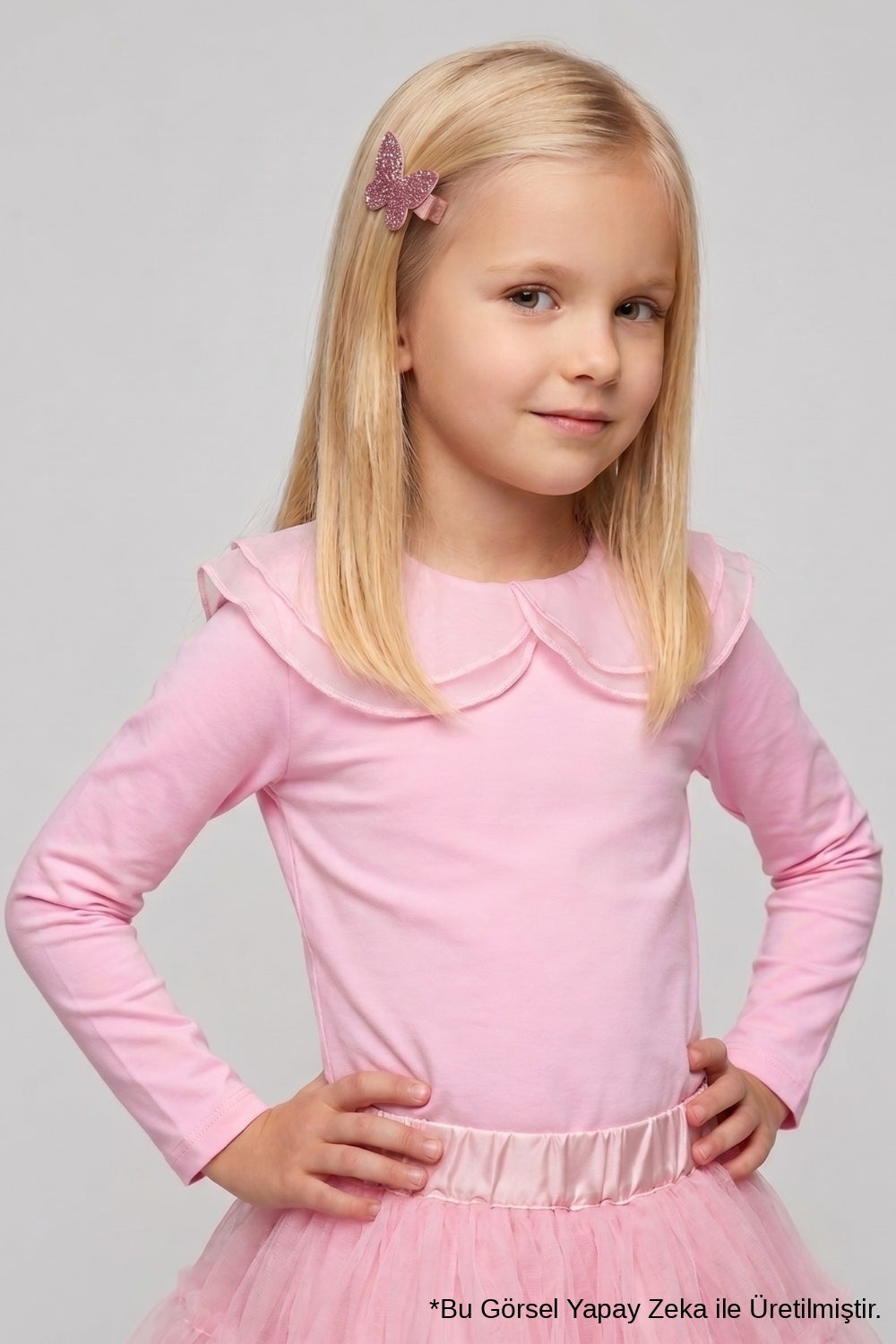 Pembe  Organze Yakalı Uzun Kollu Kız Çocuk Tişört