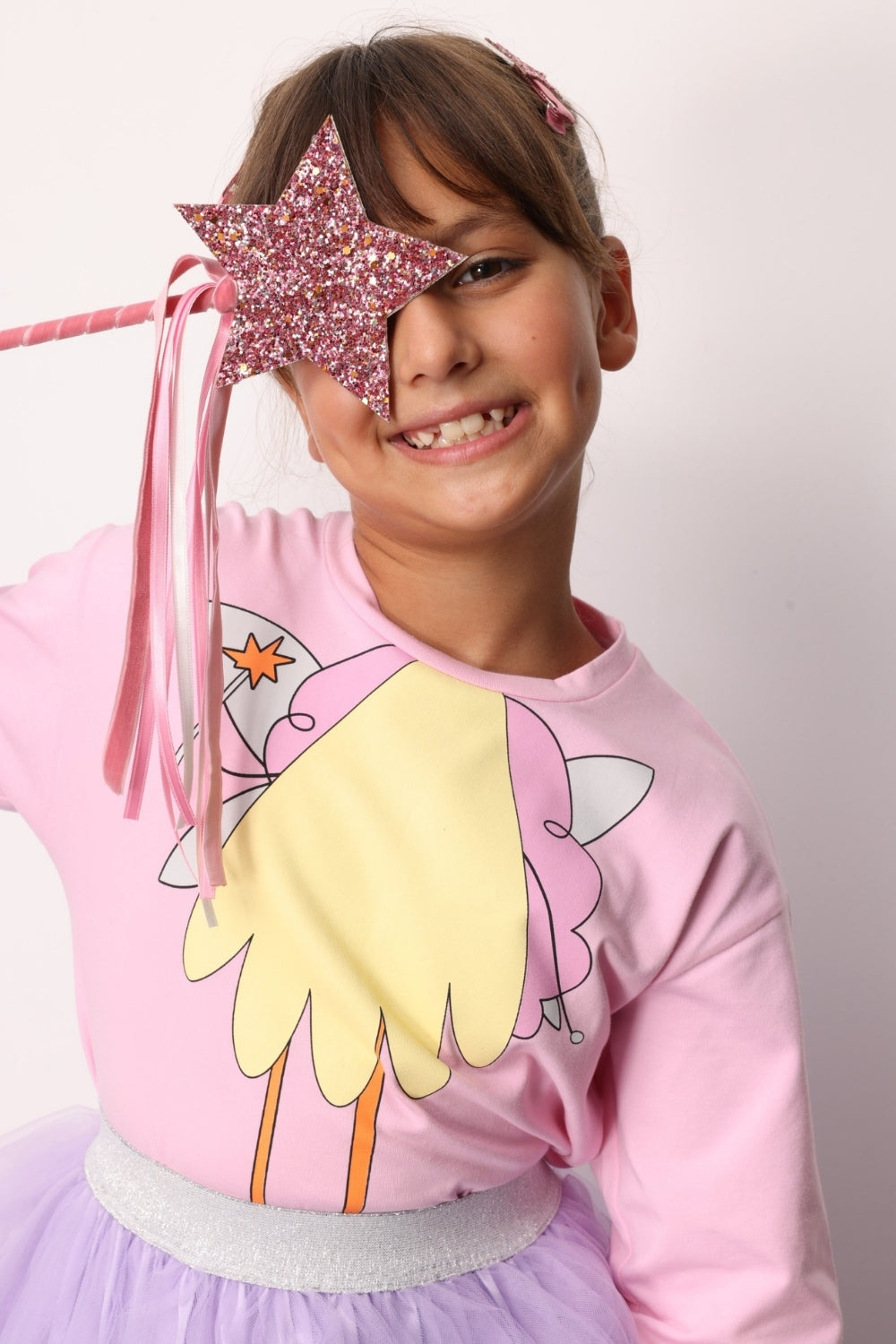 Pembe  Peri Kızı Baskılı Uzun Kollu Kız Çocuk Tişört