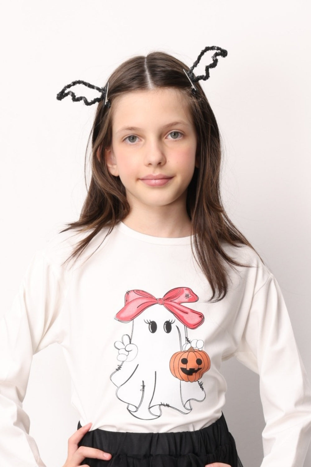 Beyaz  Sevimli Hayalet Baskılı Uzun Kollu Halloween Kız Çocuk Tişört
