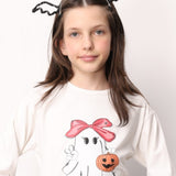 Beyaz  Sevimli Hayalet Baskılı Halloween Kız Çocuk Tişört